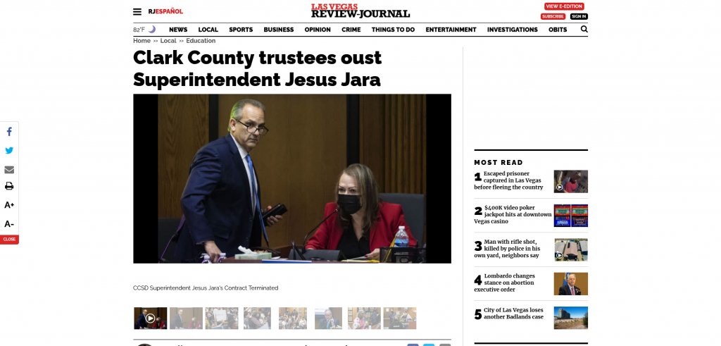 Clark County trustees oust Superintendent Jesus Jara Review Journal Article Screenshot From The Web