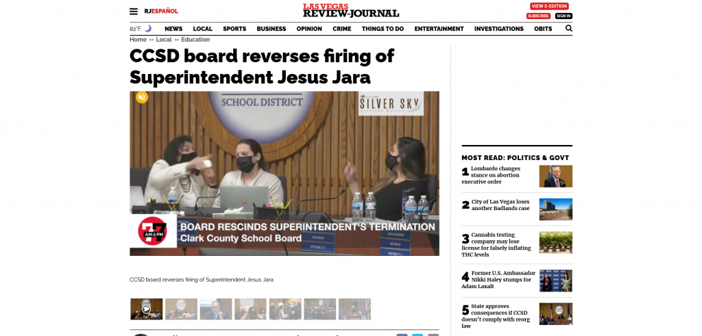 CCSD board reverses firing of Superintendent Jesus Jara Las Vegas Review Journal Article Screenshot from the web.