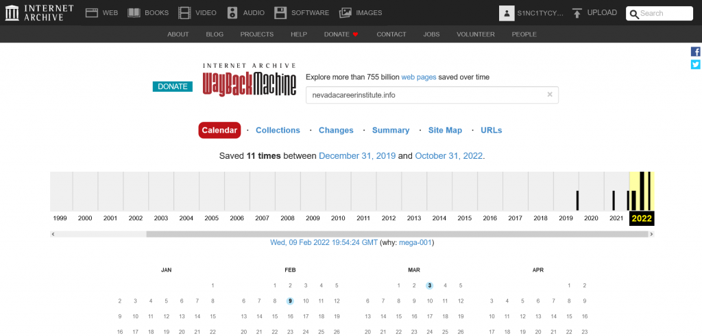 Wayback Machine History for nevadacareerinstitute.info