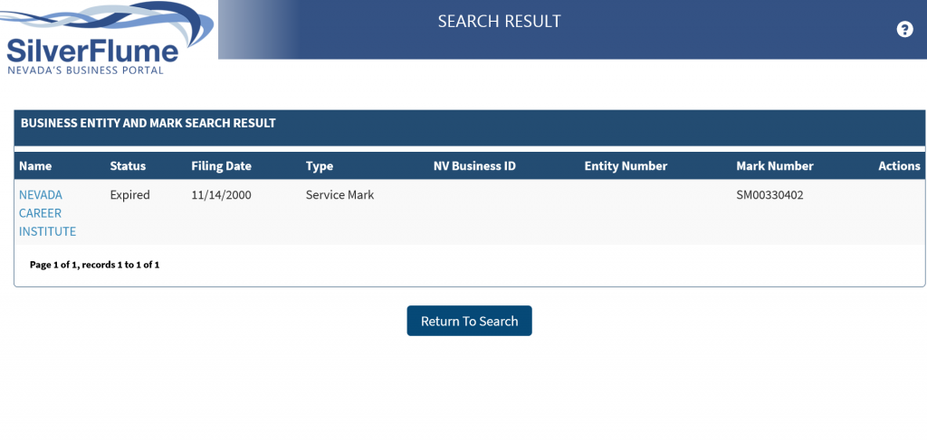 CCSD Trustee Silverflume Nevada Business Portal Business Entity Search Results for Nevada Career Institute FIGURE 1B