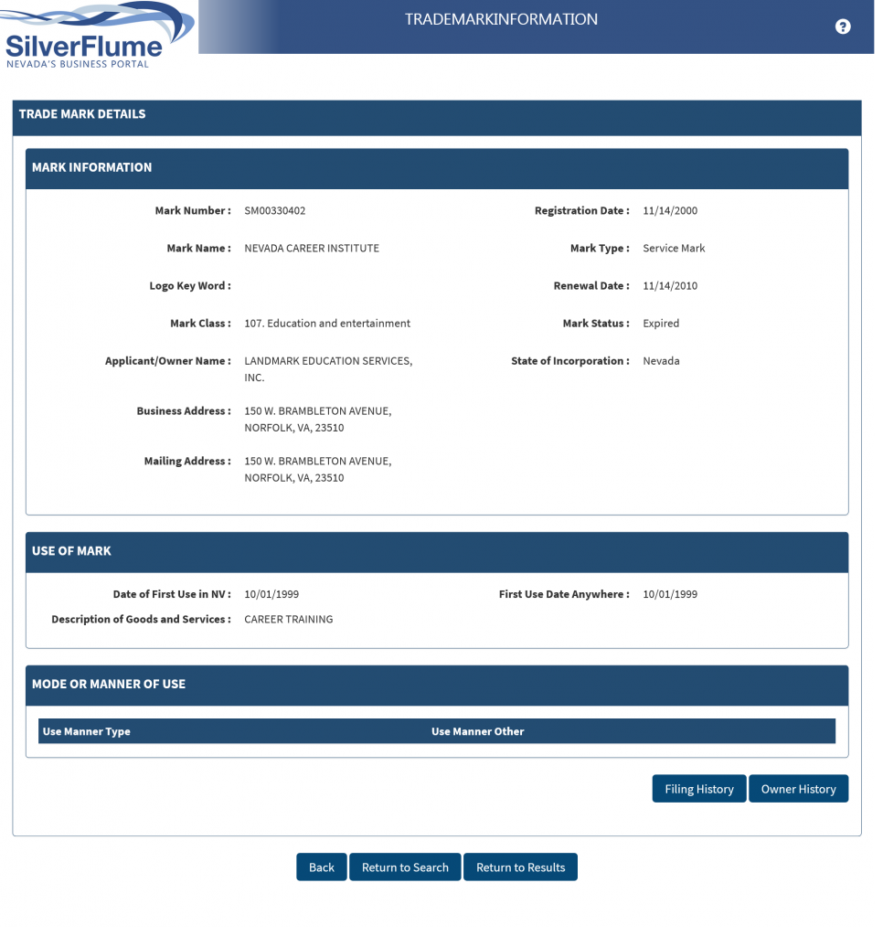 CCSD Trustee Silverflume Nevada Business Portal Business Entity Search Results for Nevada Career Institute FIGURE 1C
