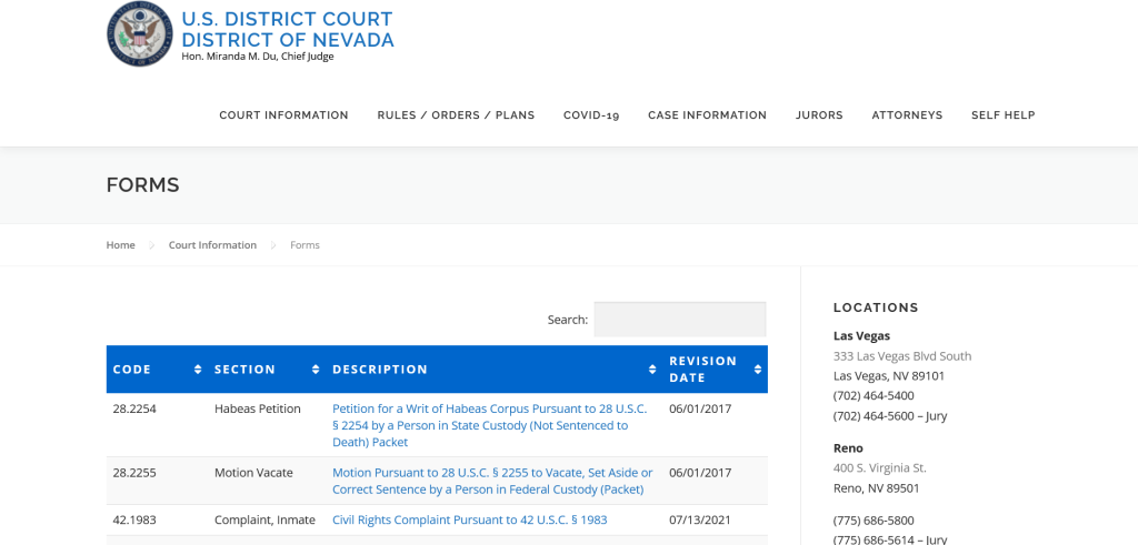 US District Court of Nevada Legal Forms Header Image.